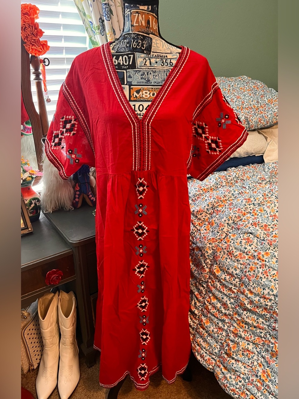 Zara Red Embroidered V-Neck Maxi Dress